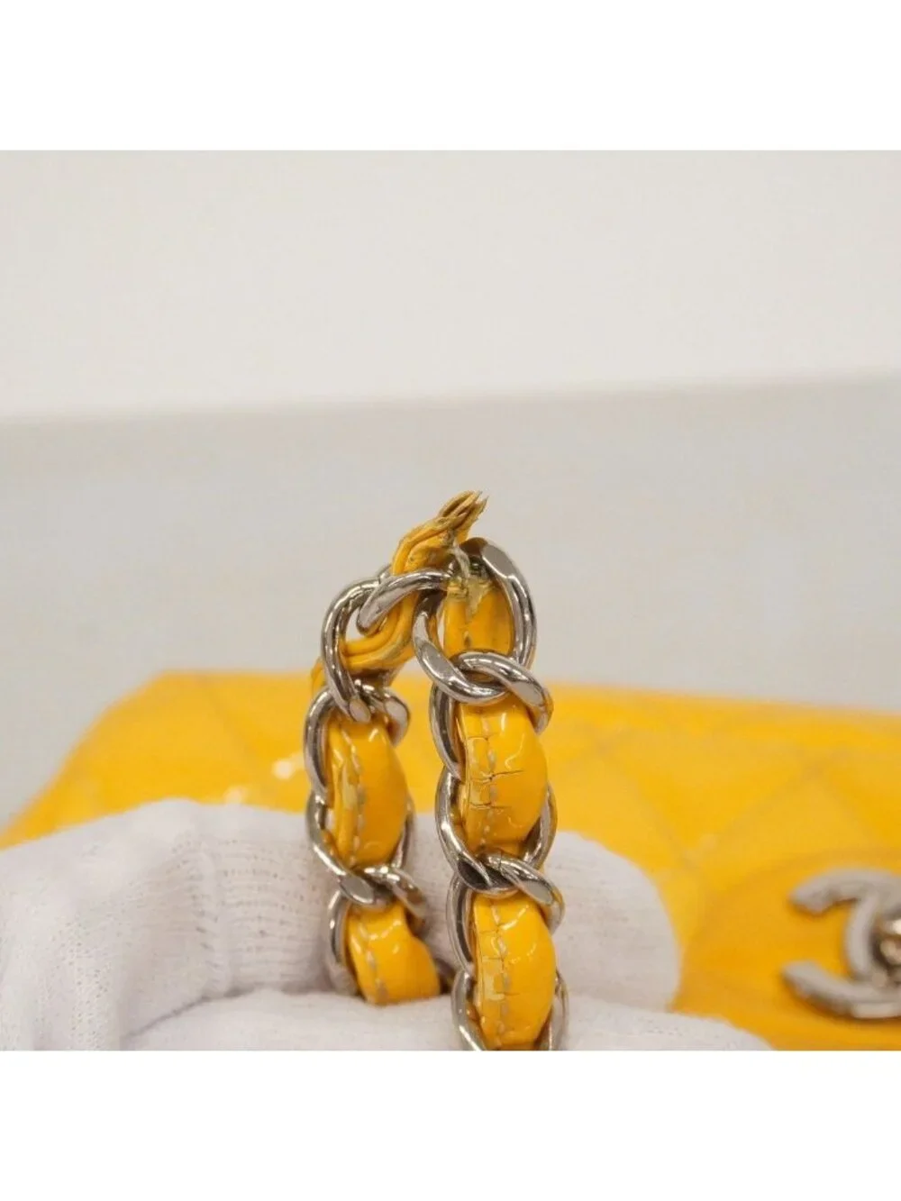 Chanel Shoulder Bag Quilted Patent Leather Yellow Silver